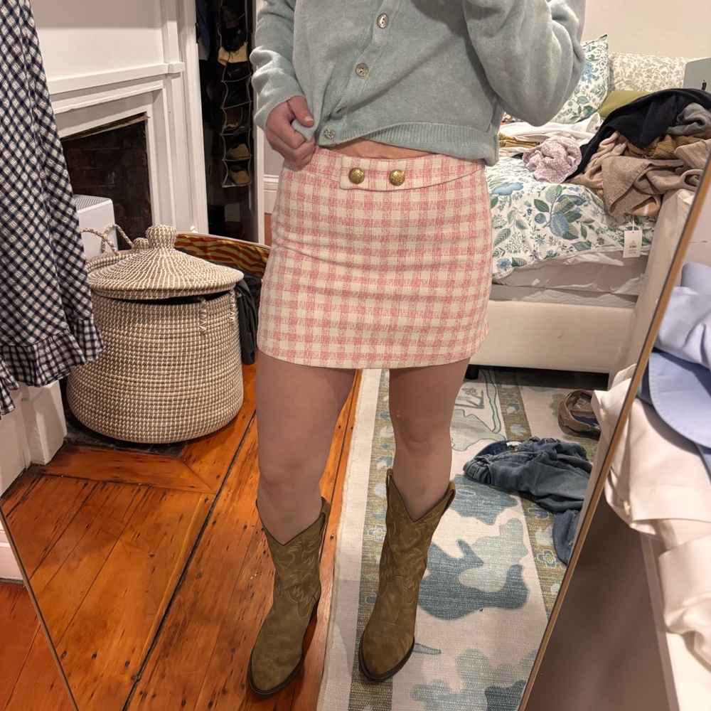 Zara Pink Gingham Tweed Checkered Mini Skirt Skort Size Small - Picture 3 of 7